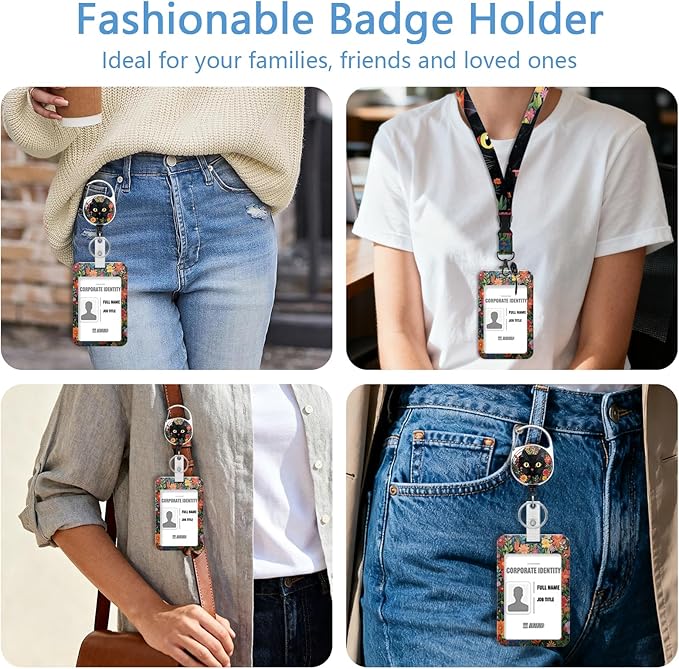 Lanyard with Id Holder, Black Cat Flower Badge Holder with Retractable Lanyard, ID Holder with Badge Reel Clips, Animal Keychain Name Tag Teacher Women Doctor Office Gift