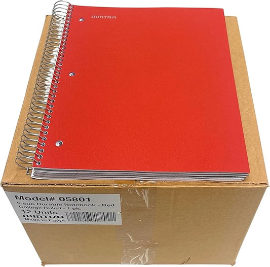 Mintra Office Durable Spiral Notebooks, 5 Subject (Red, College Ruled 12pk)