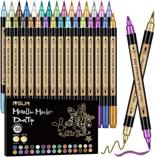 Metallic Marker Pens, 30 Colors Dual Tip Acrylic Paint Pens for Black Paper, Scrapbooking, Photo Album, Rock Painting, Paint Marker for DIY Arts & Crafts, Glass, Wood, Card Making, Scrapbook Supplies