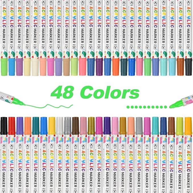 48 Colors Acrylic Paint Pens, Dual Tip Acrylic Paint Markers for Paper, Wood, Canvas, Stone, Rock Painting, Glass, Fabric, DIY, Ceramic, Art Supplies for Kids and Adults Drawing (Dot + Fine)