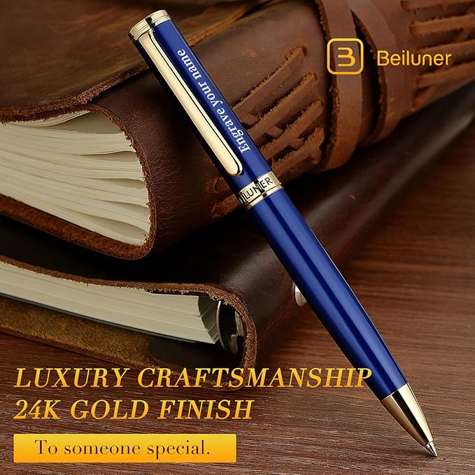BEILUNER Personalized Blue Lacquer Gel Pen - Stunning Luxury Pen with 24K Gold Finish, ADMOK Black Refill, Executive Gift Set for Family & Friends, Writing, Fancy, Office, Retractable Pens