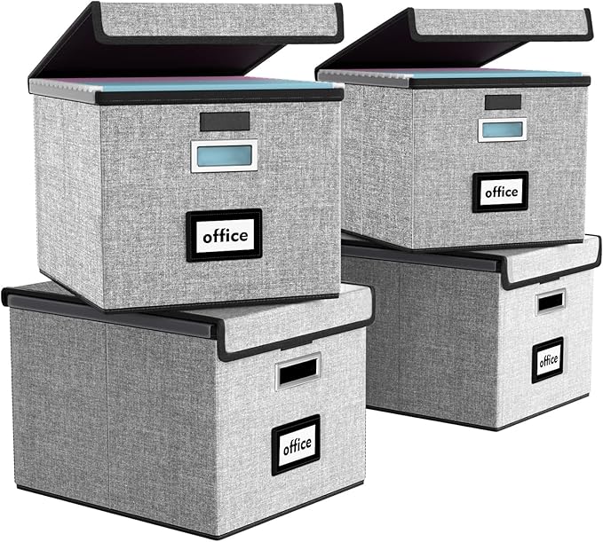 Huolewa Portable File Organizer Boxes Set of 4, Large Linen Hanging Office Document Storage Boxes with Lids, Collapsible Filing & Storage Boxes for Office/Decor/Home - 14.9 x 12.7 x 10.8 inch