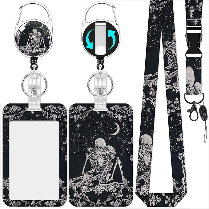 Lanyards with Id Holder,Skull ID Badge Holder with Retractable Lanyard, ID Holder with Badge Reel Clips, Name Tag ID Card Holder Teacher Women Doctor Office Gift