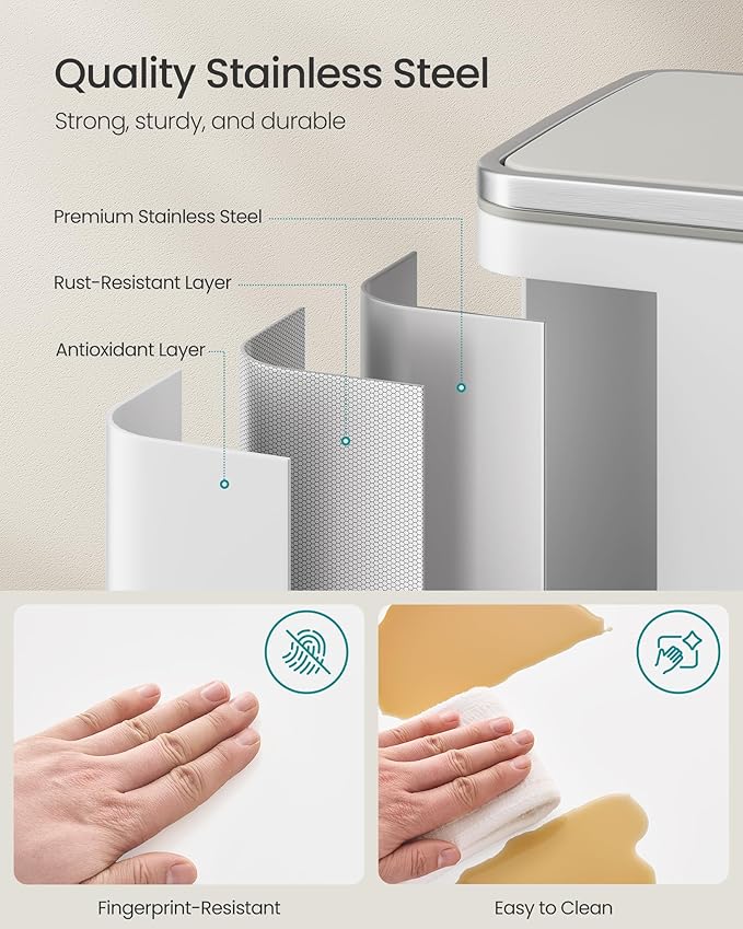 SONGMICS Trash Can, 13-Gallon Gabbage Can, with 15 Trash Bags, Steel, with Soft-Close Lid, Removable Inner Bucket, Handles, Cloud White ULTB595W01V1