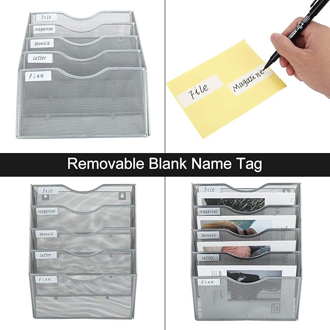 PAG Hanging Wall File Holder Mail Organizer Wall Mount Document Letter Rack, 5-Tier, Silver