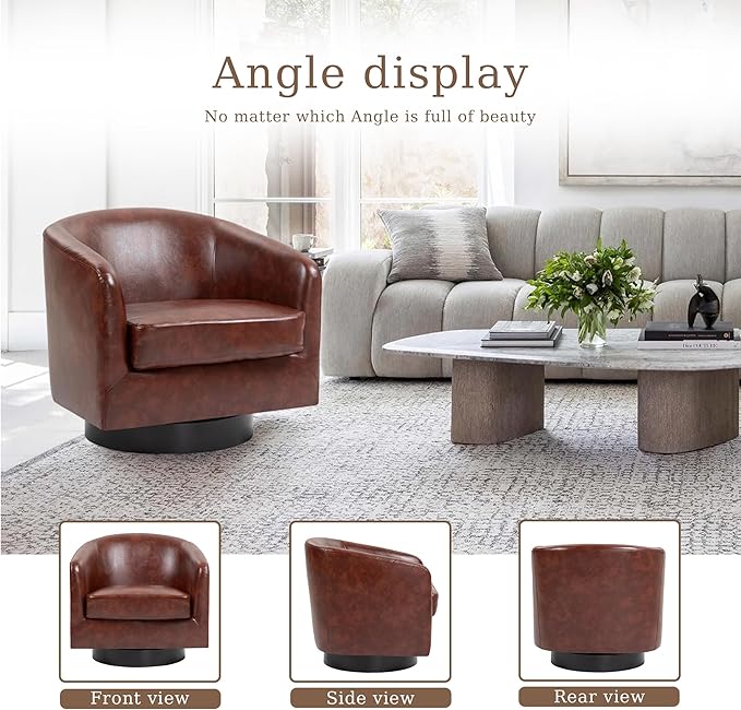 UIXE Faux Leather Swivel Accent Chairs Set of 2, Modern Upholstered Barrel Chairs for Living Room, Comfy Round Armchair Single Sofa Bedroom Reading Seat - 31" W, Red Brown