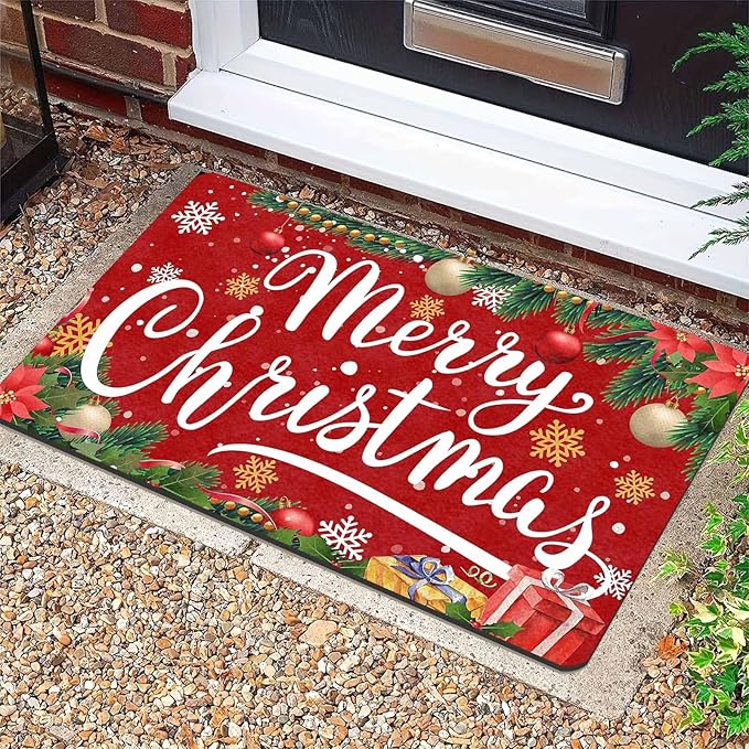 InterestPrint Merry Christmas Welcome Mat Low Profile Entrance Decoration Easy Clean Door Rug Christmas Red Doormat Outdoor Entrance for Outside Entrance Or Porch Entry, 18" x 30"Inch