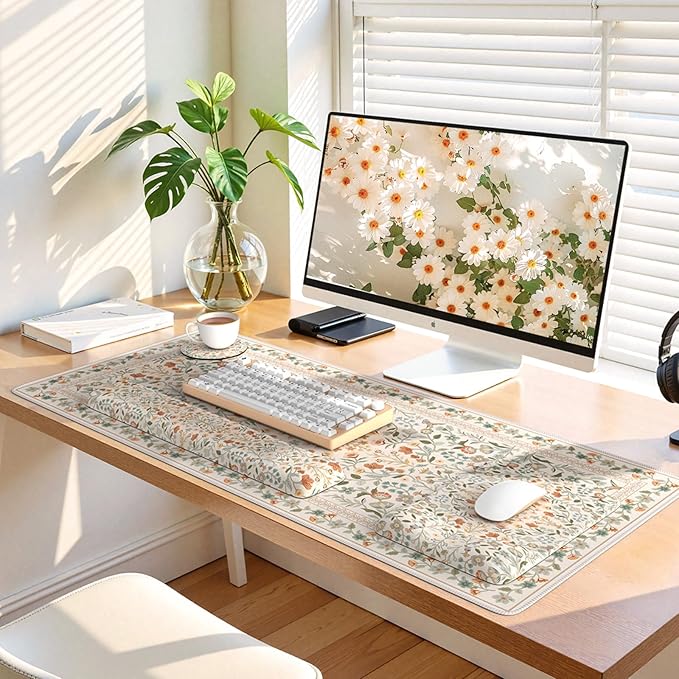 iLeadon Ergonomic Mouse Pad with Wrist Rest, Non Slip Mouse and Keyboard Pad, Cute Desk Pad Mat Sets, Extra Large Desk Cover Mat with Coaster for Women Home Office (Beige)