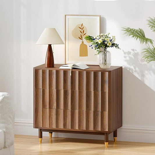 Fluted 3 Drawer Dresser, 31.5" Wide Modern Storage Chest of Drawers, Wood Drawer Organizer for Bedroom, Living Room, Hallway