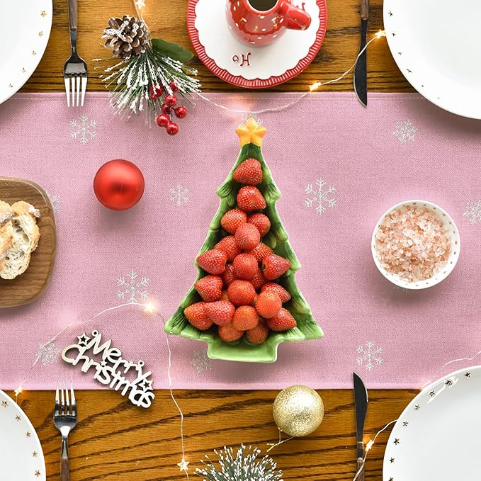 Artoid Mode Xmas Trees Snowflakes Pink Merry Christmas Table Runner, Winter Seasonal Kitchen Dining Table Decoration for Home Party Decor 13x36 Inch