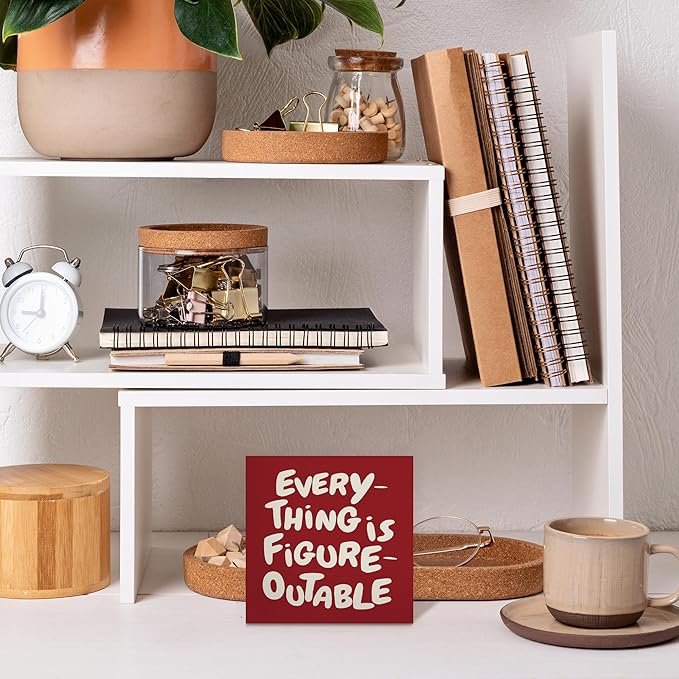 Inspirational Red Office Decor, Every Thing is Figure Outable Motivational Office Accessories Wooden Box Sign, Inspirational Gifts for Women, Men Wall Desk Shelf Tabletop Decoration 5x5In