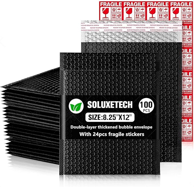 Bubble Mailers 8x12'' 100 Pack and 24PCS Fragile Stickers Black Thick Waterproof Padded Poly Envelopes Bubble Wrap Mailers Self Seal Shipping Bags for Mailing Small Business Homes Envelope Mailers #2