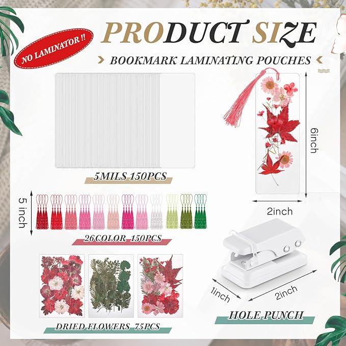 150 Pcs DIY Pressed Dried Flower Bookmark Making Kit, DIY Bookmark Bulk Thanksgiving Teacher Gifts for Reading Women Book Lovers(2 x 6 Inch,Red Color)