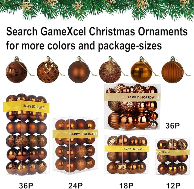 Bronze Christmas Ornaments - Christmas Tree Decorations Shatterproof Hanging Balls for Birthday Wedding Holiday Decor Set of 36pcs, Multi-Sizes(1.6",2.5",3.2")