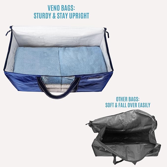 VENO 2 Pack Moving Bags, Moving Supplies, Moving Boxes, College Packing Storage Boxes with Lids Alternative, Heavy Duty Totes, Extra Large, Sturdy Handles, Zipper (Blue with Window, 2 Pack)