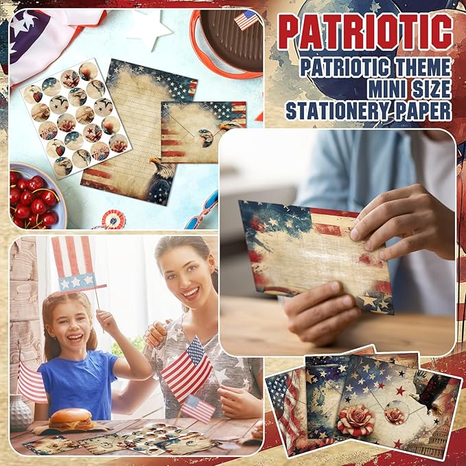 TaoBary 160 Pcs Stationery Paper Set 50 Double Sided Stationery Papers with 50 Matching Envelopes and 60 Round Dot Sticker, 10 Design(Retro Independence Day,5.5 x 8.25 Inch)