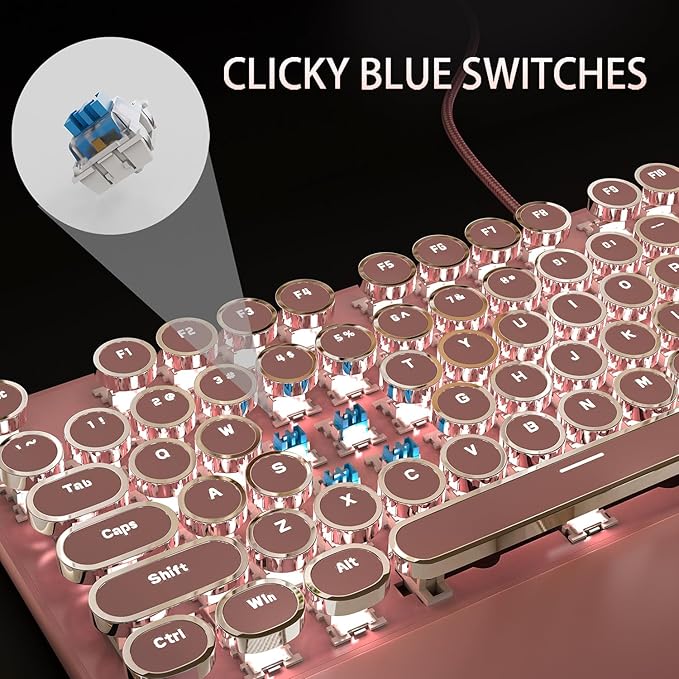 Camiysn Typewriter Style Mechanical Gaming Keyboard, Pink Retro Punk Gaming Keyboard with White Backlit, 104 Keys Blue Switch Wired Cute Keyboards, Round Keycaps for Windows/Mac/PC