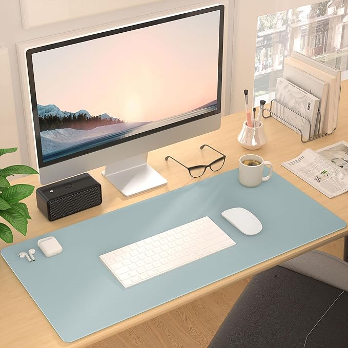 Mouse Pad Desk Protector Mat, Large PU Leather Office Desk Mat, Non-Slip Desk Pad for Keyboard and Mouse, Waterproof Desk Blotter Pad for Writing, Smooth Laptop Desk Pads, Light Teal (13.7''X23.6'')