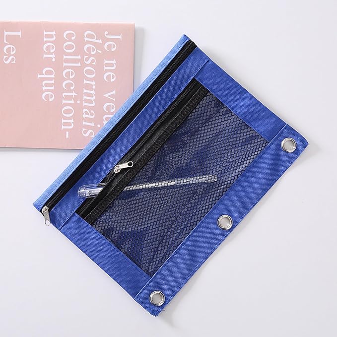 Pencil Pouch for 3 Ring Binder - 3 Hole Zipper Pen Case Bag Holder Bulk Accessories Clear Window Aesthetic Organizer Pockets (Blue, 1)