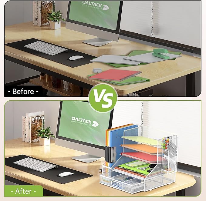 DALTACK Mesh Desk Organizer, 5-Tier Paper Letter Tray with File Holder & Pen Holder & Sliding Drawer, Desktop Organizer and Storage for Desk Accessories Office Supplies, White