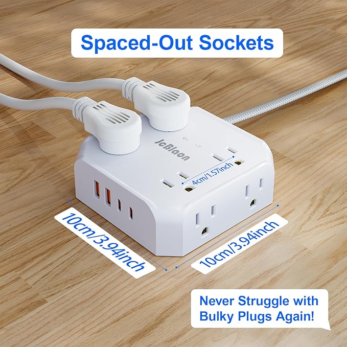 Multiple Outlets Surge Protector Power Strip, 15ft Braided Long Extension Cord with 4 USB Charging Ports(2 USB C) Flat Wall Plug Outlet Heavy Duty Charging Station for Home College Dorm Essentials
