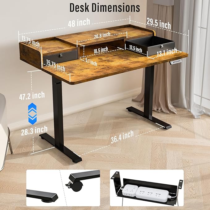 Standing Desk with Drawers,Thickened Table Legs Sit Stand Desk Electric for Home Office & Gaming,Ergonomic Stand Up Desk Cable Management Tray(Classic Black) (Rustic Brown, 48″ x 30″)