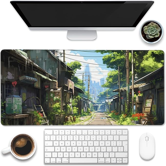 Anime Abandoned Town Desk Mat, Large Gaming Mouse Pad with Non-Slip Base and Stitched Edge, 35.4"x15.7"