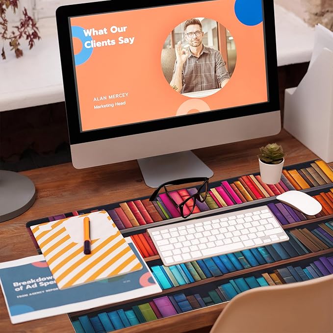 Large Gaming Mouse Pad for Desk,Bookshelves Full of Books Desk Mat,Colorful Books Desk Pad,Extended Big Computer Keyboard Mouse Pad with Non-Slip Base and Stitched Edge,35.4"x15.7"