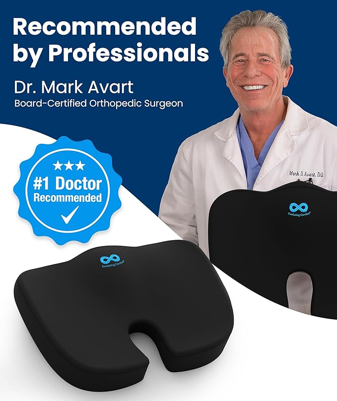 Everlasting Comfort Doctor Recommended Memory Foam Seat Cushion for Office Chairs & Car Seat - Ergonomic Office Desk Accessories for Tailbone Pain Relief, Sciatica & Back Support