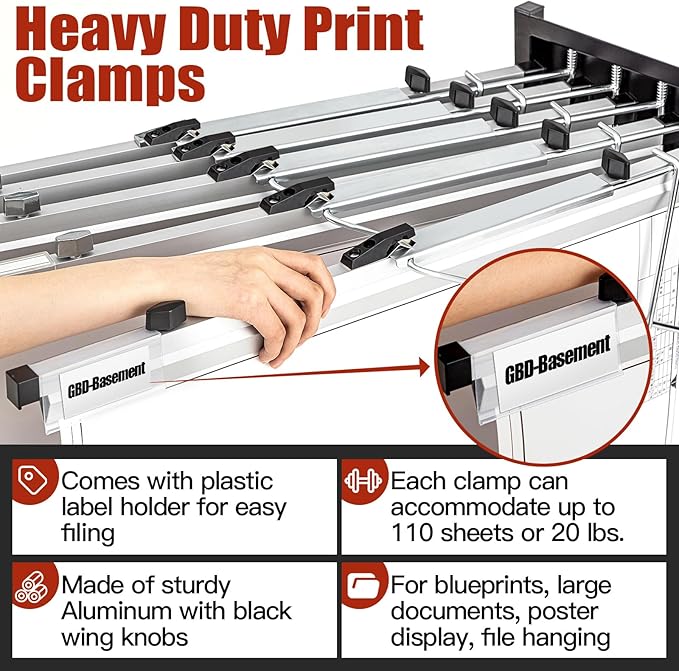 Estune Blueprint Hanging Clamps Binding Strips Storage for Construction Paper Poster Plans Drawings Arts (6, 30 Inches)