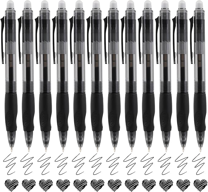 USUAL Retractable Erasable Pens 12 Colored Erasable Gel Pen 0.5mm Erasable Gel Pens Black Make Mistakes Disappear Smooth Writing Pen Office Back-to-School Supplies (Black)