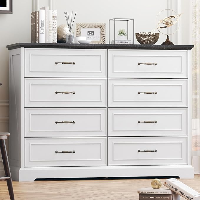 8 Drawer Dresser for Bedroom, 47" Wide Wooden Chest of Drawers, Rustic Farmhouse Dresser with Large Drawers & Metal Handles, Modern Storage Organizer for Closet, Living Room, Hallway, White