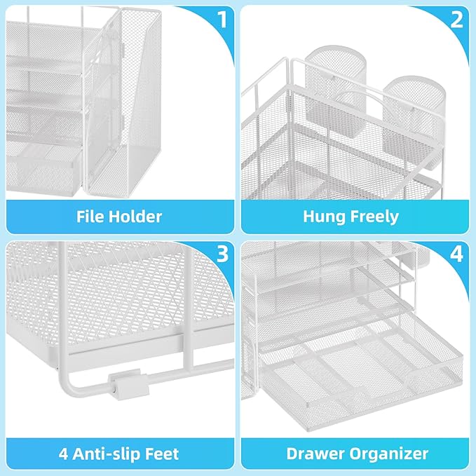 Marbrasse Desk Organizer and Accessories，4-Tier Paper Letter Tray Organizer with File Holder, Desk Accessories & Workspace Desk Organizers with Drawer and 2 Pen Holder (White, 15.4" x 9.1" x 8.3")