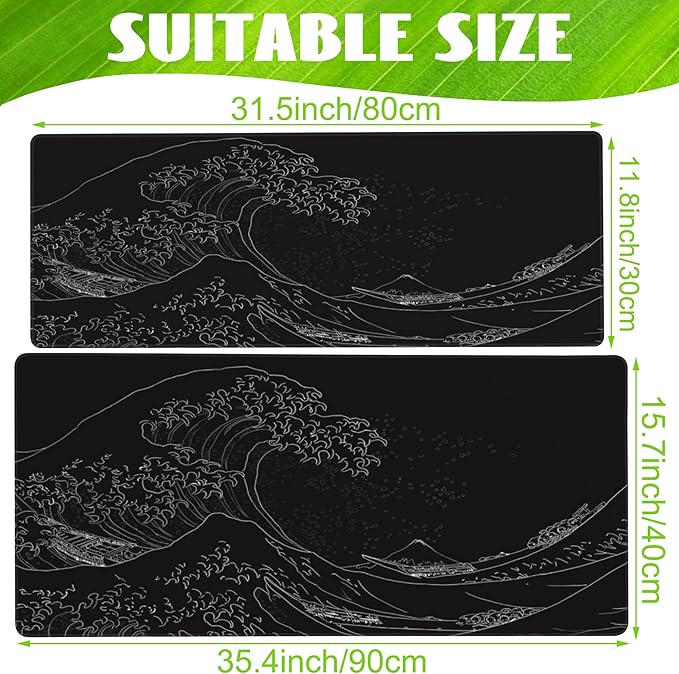 Desk Mat, Black Japanese Sea Wave Desk Pad, Extended Big Computer Keyboard Mouse Pad with Non-Slip Base and Stitched Edge, 35.4"x15.7"