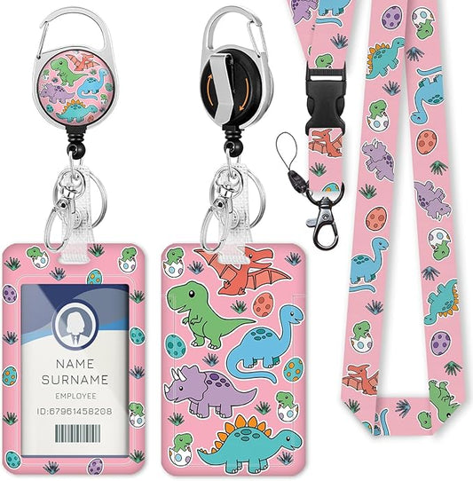 Cartoon Dinosaur Badge Reel Retractable Heavy Duty with 360° Swivel Carabiner Clip,Cute ID Badge Holder with Detachable Lanyard, ID Card Holder Keychain Name Badge Clip, Nurse Teacher Gifts
