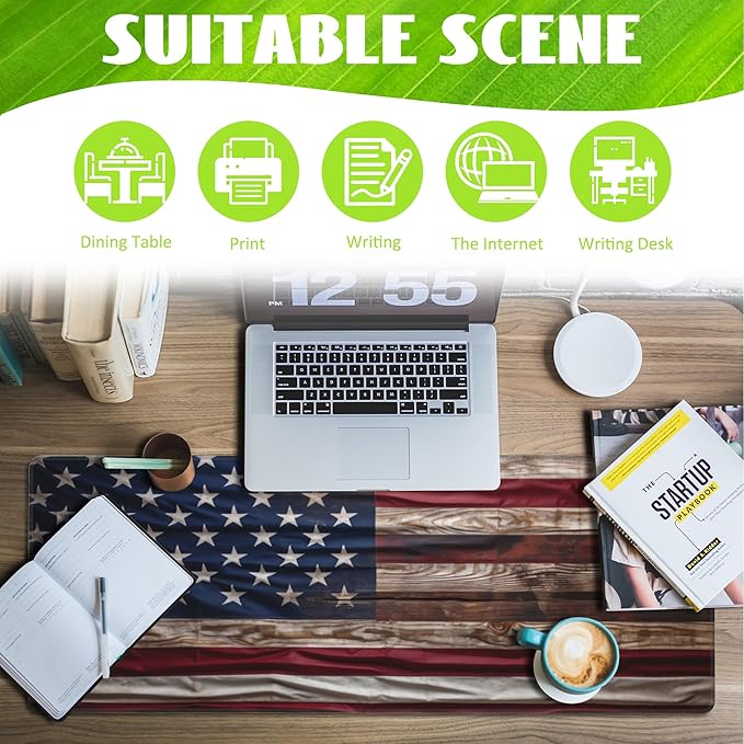 Large Gaming Mouse Pad for Desk,Wooden American Flag Desk Mat,Wooden USA Flag Desk Pad,Extended Big Computer Keyboard Mouse Pad with Non-Slip Base and Stitched Edge,31.5"x11.8"