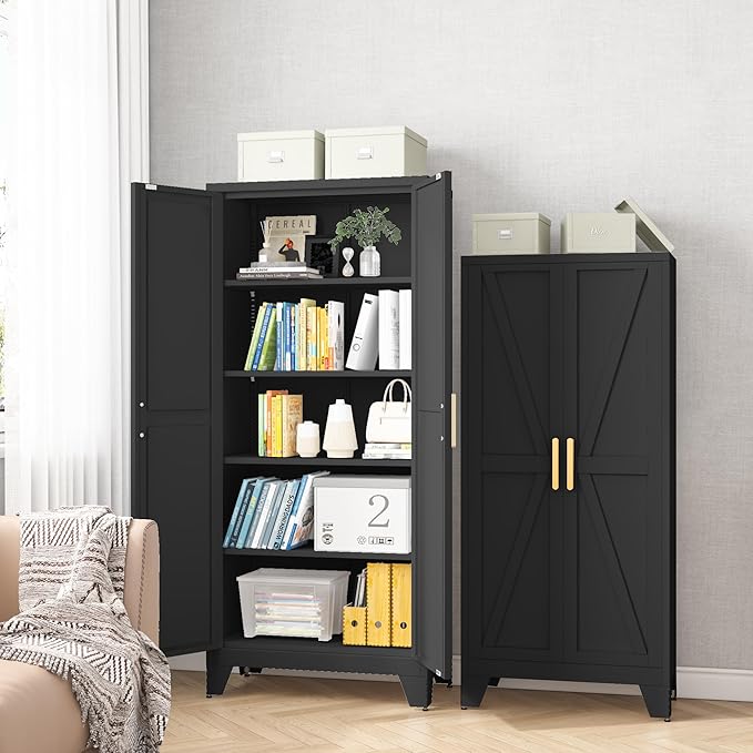 61H Metal Storage Cabinet with 2 Doors and 4 Shelves,Farmhouse Storage Cabinet with Barn Doors,Pantry Storage for Home,Office,Bathroom,Dining Room,Kitchen(Black)