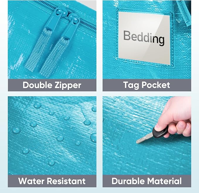 TICONN 4 Pack Extra Large Moving Bags with Zippers & Carrying Handles, Heavy-Duty Storage Tote Moving Boxes for Space Saving (4 Pack, Aqua)