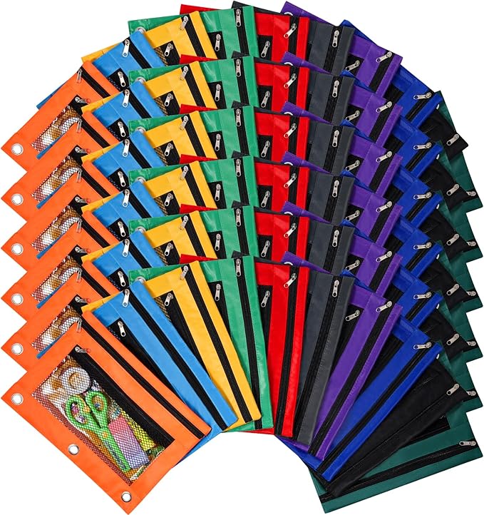 60PCS Pencil Pouches for 3 Ring Binder, 10x7.5 Inch Zippered Binder Pouch, Double Layer Clear PVC and Mesh Pencil Bags with Zipper for School Supplies Organization, Classroom, Travel and Home Storage