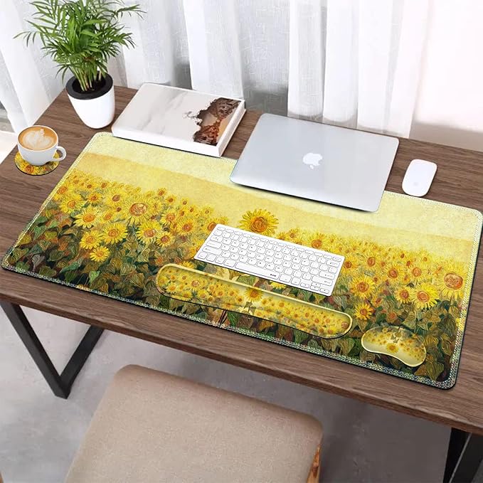 AIMSA Keyboard Mouse Pad Wrist Rest, Extended Gaming Mouse Pad +Wrist Support, Ergonomic Memory Foam,XXL Large Mousepad, 4Pcs (35×15.7 in) Desk Mat, Sunflower Oil Painting