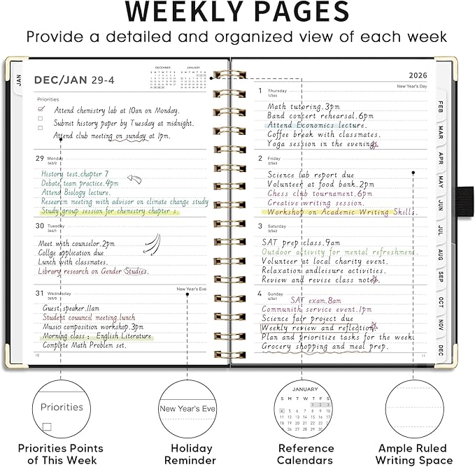 AHGXG 2026 Planner, Weekly and Monthly, 2026 Calendar, Jan 2026 - Dec 2026, Hardcover with Monthly Tabs, 100 GSM Thick Paper, for Women School Home Office Supplies, 6" X 8.38", Black