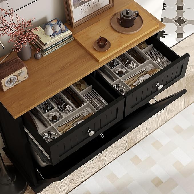 20 Gallon Tilt Out Trash Cabinet, Wooden Kitchen Trash Can Cabinet with Hideaway Drawer, Freestanding Laundry Hamper Garbage Recycling Cabinet on Wheels, Pet Proof, Double, Black