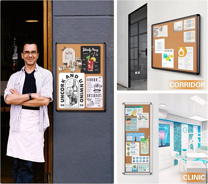 SWANCROWN Lockable Noticeboard Wall-Mounted Bulletin Pin Cork Boards Message Board with Aluminium Frame 28x14 inch