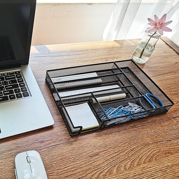 2-Pack Desk Drawer Organizers, 6-Compartment Metal Mesh Trays for Pens, Paper Clips, Office Supplies, Ventilated Storage Inserts for Home, Office, School, 12.6 x 8.27 x 1.57 Inches, Black
