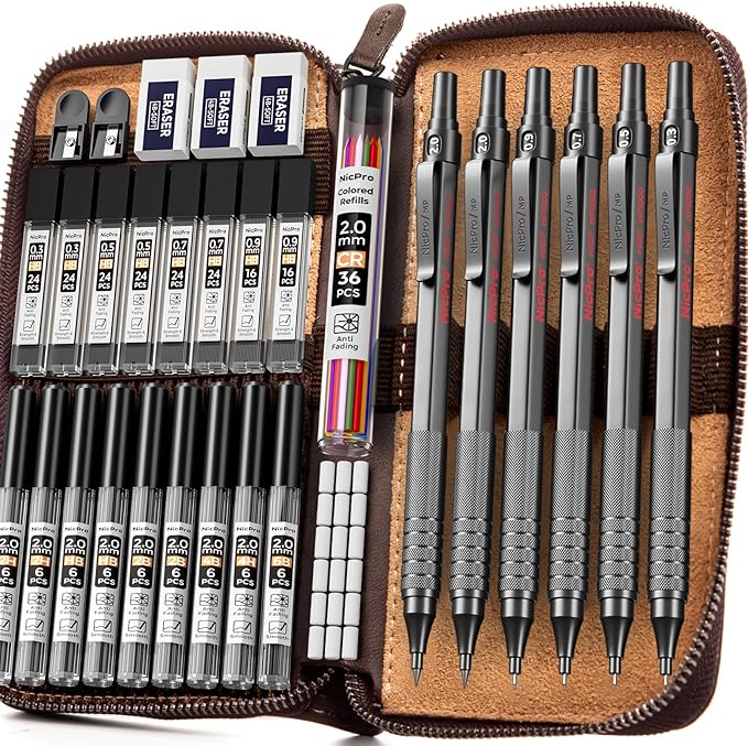 Nicpro 33PCS Black Metal Mechanical Pencil Set in Leather Case, Art Drafting Pencil 0.3, 0.5, 0.7, 0.9 mm, 2mm Lead Holders for Sketching Drawing with 18 Tube (6B 4B 2B HB 2H 4H Colors) Lead Refills