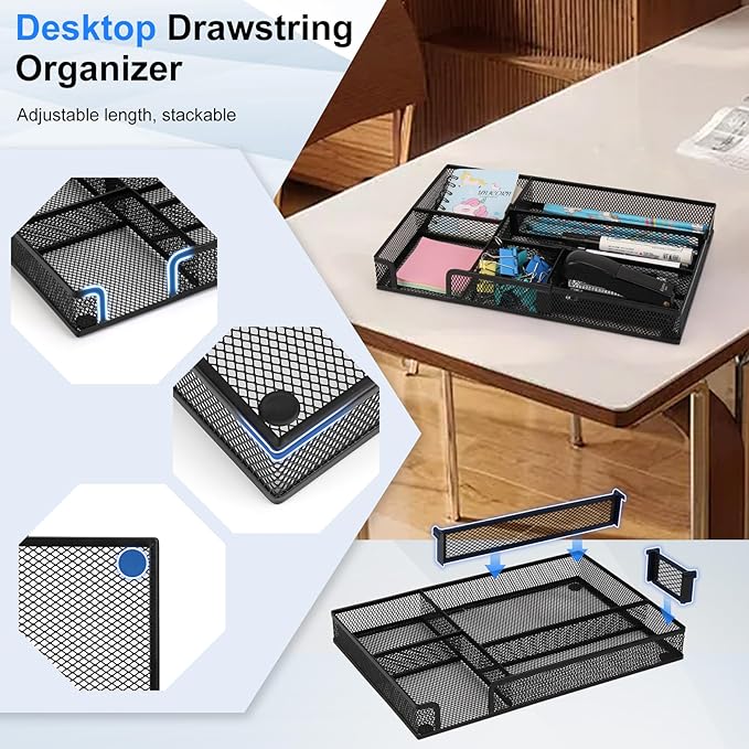 Desk Drawer Organizer Tray, with 2 Adjustable Compartments, Metal Mesh Drawer Organizer, Multifunction Desktop Drawer Organizer Organizer Set for Office, Home and School Supplies, 2PCS
