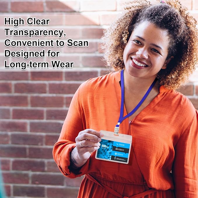 Marspark 100 Sets Clear Name Tags with Lanyard, Lanyards for ID Badges Reusable Strap with ID Holder Plastic Name Badges for Adults Business School Church Conference (Black,Blue)