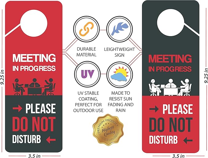 Business Design, Meeting In Progress Do Not Disturb Door Hanger Sign, 2 Pack, Double Sided, Ideal for Offices, Online Sessions and Meetings, Online Classes, Home Offices, Counseling