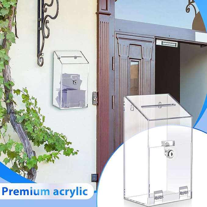 Acrylic Donation Box 10.2" x 5.6" x 4" Suggestion Box with Lock and Slot Wall Mount Safe Key Drop Ballot Clear Fundraising for Home Office Vote