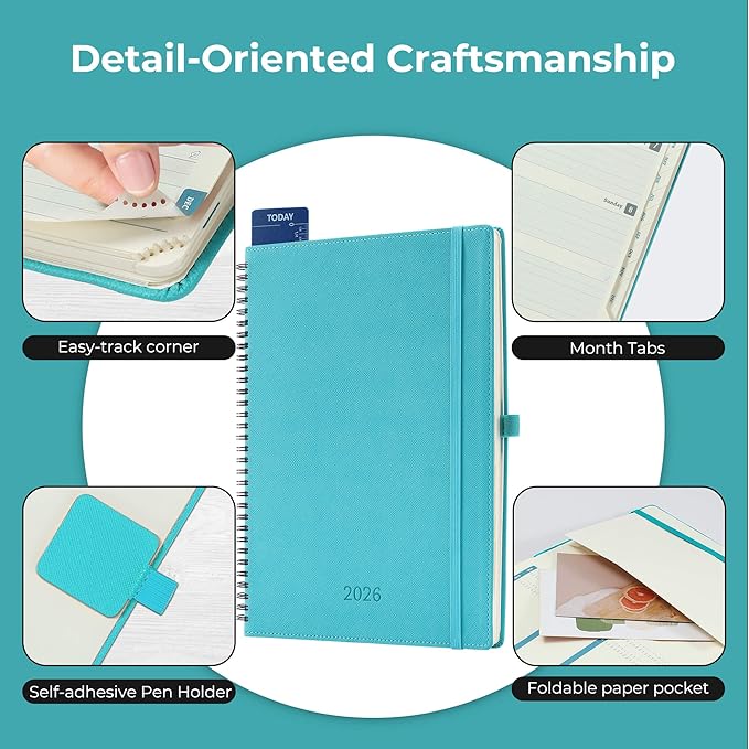 IN-LUXPRO Planner 2026 Daily Weekly and Monthly,11.5"x8.5",12 Months Spiral Bound Calendar Agenda with Self-adhesive Pen Holder,2026 Appointment Book with Vegan Leather Soft Cover,Light Blue